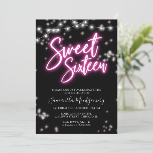 スウィート16誕生日ホットピンクネオンをテーマにしたパーティー 招待状 (スタンド正面)