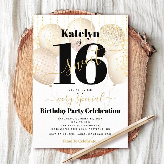 スウィート16誕生日ホワイト金ゴールドバルーンガーリーグラム 招待状
