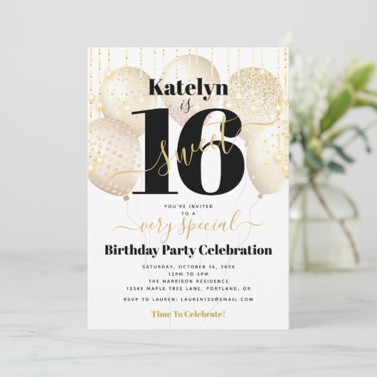 スウィート16誕生日ホワイト金ゴールドバルーンガーリーグラム 招待状 (スタンド正面)