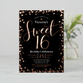 スウィート16誕生日モダングラムブラック実在バラ金ゴールド 箔招待状 (立ち正面)