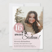 スウィート16誕生日モダンピンクグリッターカスタム写真 招待状 (正面)