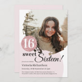 スウィート16誕生日モダンピンクグリッターカスタム写真 招待状 (正面/裏面)