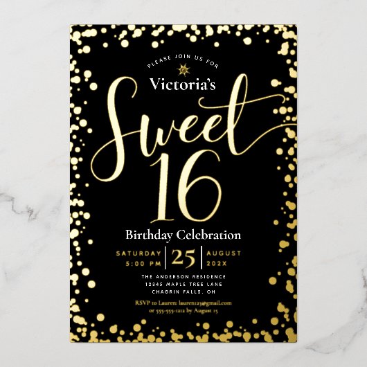 スウィート16誕生日モダンブガーリーラッ実在ク金ゴールド 箔招待状 (正面)