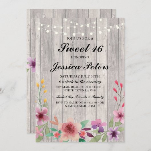 スウィート16誕生日ライツ素朴ウッドフローラ招待状 招待状 (正面/裏面)