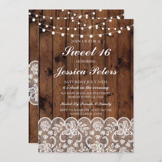 スウィート16誕生日ライツ素朴ウッドレース招待状 招待状 (正面/裏面)