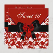 スウィート16誕生日レッド白黒フローラボウ 招待状 (正面/裏面)