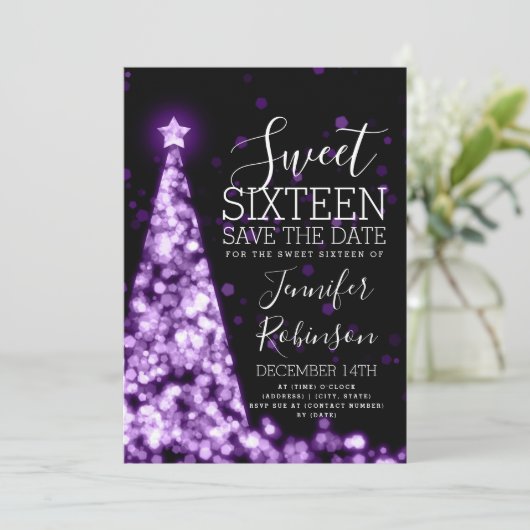 スウィート16誕生日招待状パープルクリスマス セーブザデート (スタンド正面)