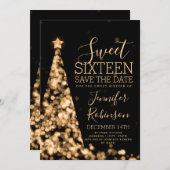 スウィート16誕生日招待状金ゴールドクリスマス セーブザデート (正面/裏面)