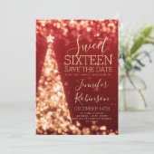 スウィート16誕生日招待状金ゴールド&レッドクリスマス セーブザデート (スタンド正面)