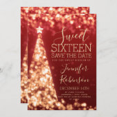 スウィート16誕生日招待状金ゴールド&レッドクリスマス セーブザデート (正面/裏面)