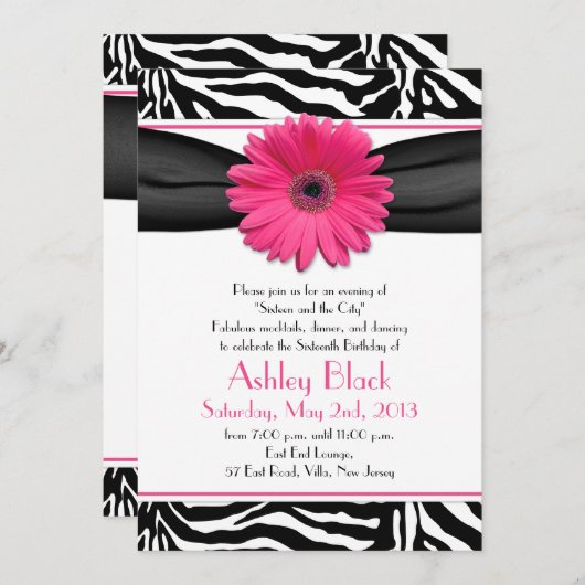 スウィート16誕生日招待状 |デイジーゼブラ印刷 招待状 (正面/裏面)