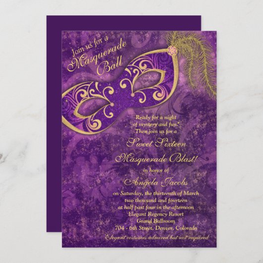 スウィート16誕生日招待状 | マスカレード紫 招待状 (正面/裏面)