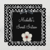 スウィート16誕生日白黒ゼブラスポット花 招待状 (正面/裏面)