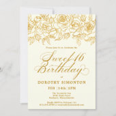 スウィート16誕生日金ゴールドバラフローラアイボリーホワイト 招待状 (正面)