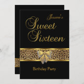 スウィート16誕生日金ゴールドブラックヒョウ弓 招待状 (正面/裏面)