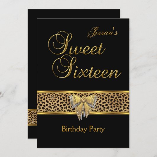 スウィート16誕生日金ゴールドブラックヒョウ弓 招待状 (正面/裏面)