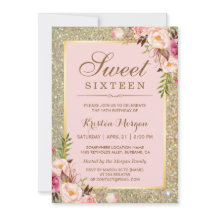 スウィート16誕生日 |ピンクのフローラ金ゴールドグリッター