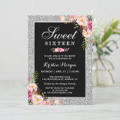 スウィート16誕生日 |ピンクフローラシルバーグリッター 招待状 (スタンド正面)