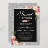 スウィート16誕生日 |ピンクフローラシルバーグリッター 招待状 (正面/裏面)
