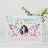 スウィート16誕生日 |蝶フローラ写真パーティー 招待状 (スタンド正面)