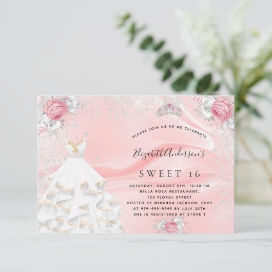 スウィート16赤面ピンクグリッタードレスティアラフローラ 招待状 (スタンド正面)