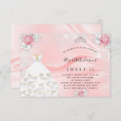 スウィート16赤面ピンクグリッタードレスティアラフローラ 招待状 (正面/裏面)