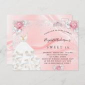 スウィート16赤面ピンクグリッタードレスティアラ花模様 インビテーションポストカード (正面/裏面)