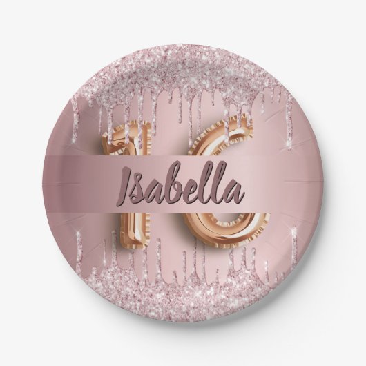 スウィート16赤面ピンクグリッター名グラマラス ペーパープレート (正面)