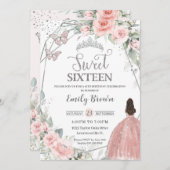 スウィート16赤面ピンクフローラシルバー誕生日 招待状 (正面/裏面)