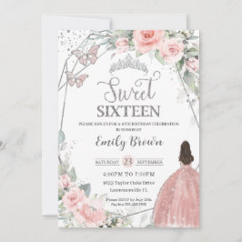 スウィート16赤面ピンクフローラシルバー誕生日 招待状