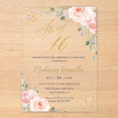 スウィート16赤面ピンクフローラ蝶 アクリル招待状 (正面)