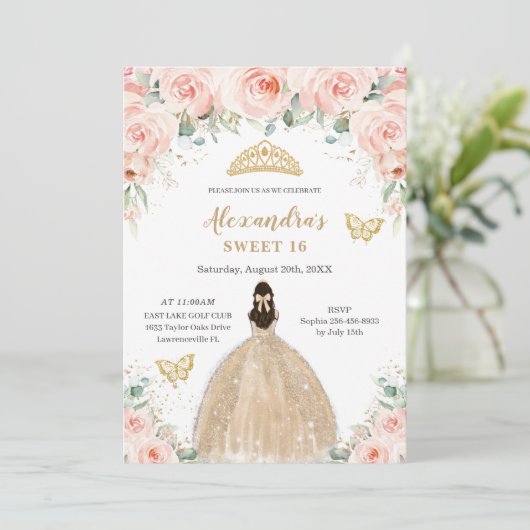 スウィート16赤面フローラシャンパンドレスプリンセス 招待状 (スタンド正面)
