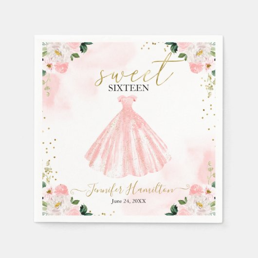スウィート16赤面フローラピンクドレス スタンダードカクテルナプキン (正面)
