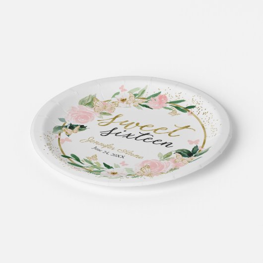 スウィート16赤面フローラピンクバタフライ ペーパープレート (アングル)