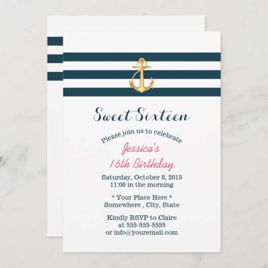 スウィート16金ゴールドいかりストライプ航海の数 招待状 (正面/裏面)