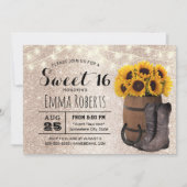 スウィート16金ゴールドグリッターひまわりウェスタン女性のカーボーイ 招待状 (正面)