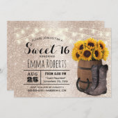 スウィート16金ゴールドグリッターひまわりウェスタン女性のカーボーイ 招待状 (正面/裏面)