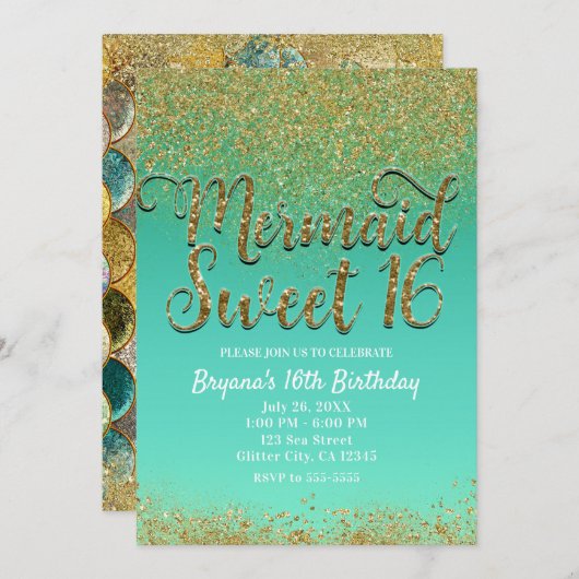 スウィート16金ゴールドグリッターティール（緑がかった色）マーメイドバースデーパーティー 招待状 (正面/裏面)