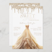 スウィート16金ゴールドグリッタードリップシャンパンドレス 招待状 (正面/裏面)