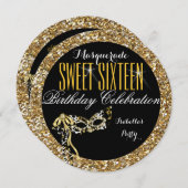 スウィート16金ゴールドグリッターマスクマスカレード誕生日 招待状 (正面/裏面)