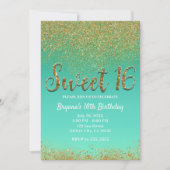スウィート16金ゴールドグリッター&ティール(緑がかった色)誕生日パーティー 招待状 (正面)