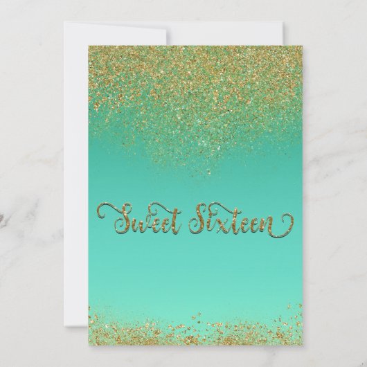 スウィート16金ゴールドグリッター&ティール（緑がかった色）誕生日パーティー 招待状 (裏面)
