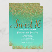 スウィート16金ゴールドグリッター&ティール（緑がかった色）誕生日パーティー 招待状 (正面/裏面)