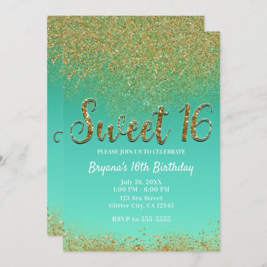 スウィート16金ゴールドグリッター&ティール(緑がかった色)誕生日パーティー 招待状 (正面/裏面)