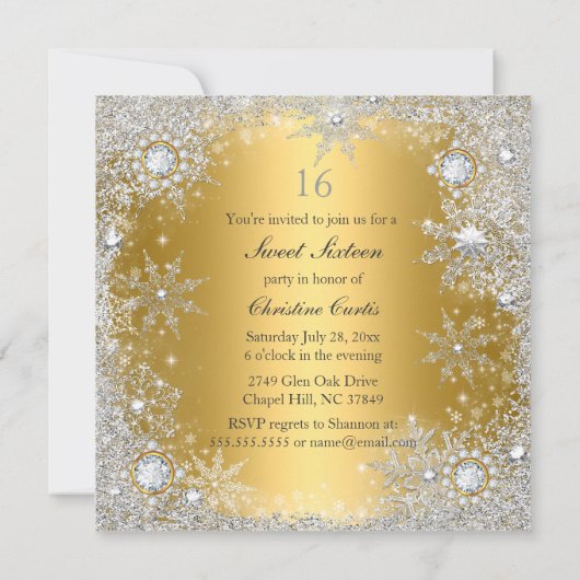 スウィート16金ゴールドシルバープリンセスウィンターワンダーランド 招待状 (裏面)