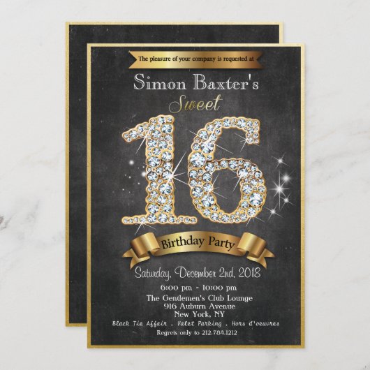 スウィート16金ゴールドダイヤモンド誕生日招待状 招待状 (正面/裏面)