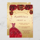 スウィート16金ゴールドレッドグリッタードレスグラマラス 招待状 (正面/裏面)