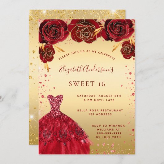 スウィート16金ゴールドレッドグリッタードレスグラマラス 招待状 (正面/裏面)