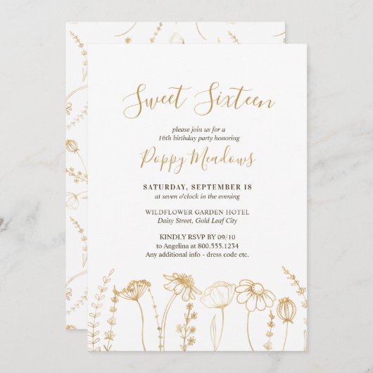 スウィート16金ゴールドワイルドフラワースケッチ16誕生日 招待状 (正面/裏面)