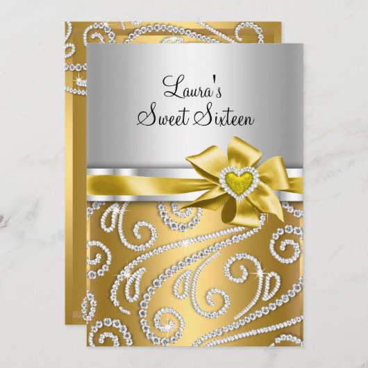 スウィート16金ゴールド弓&スパークルダイヤモンドのお知らせ 招待状 (正面/裏面)